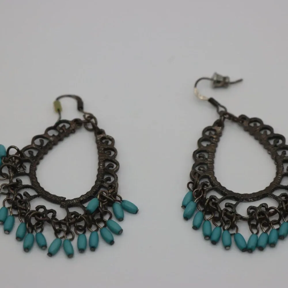 Vintage Blue Bead Dangle Earrings Dark Metal Scroll Design